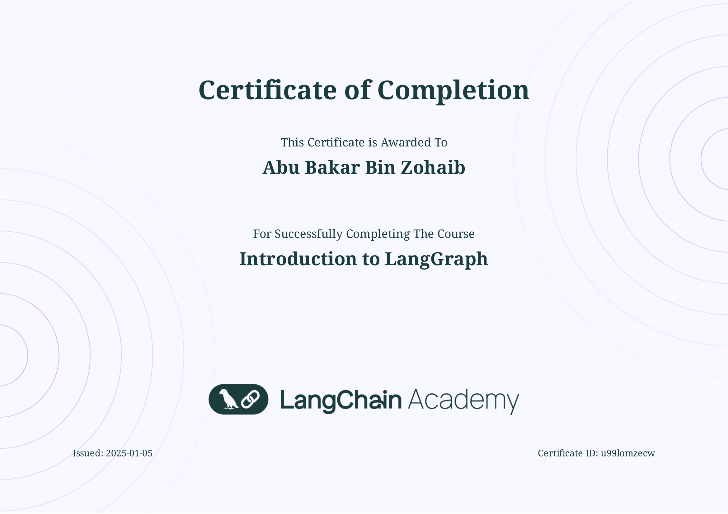 LangChain Course Certificate certificate